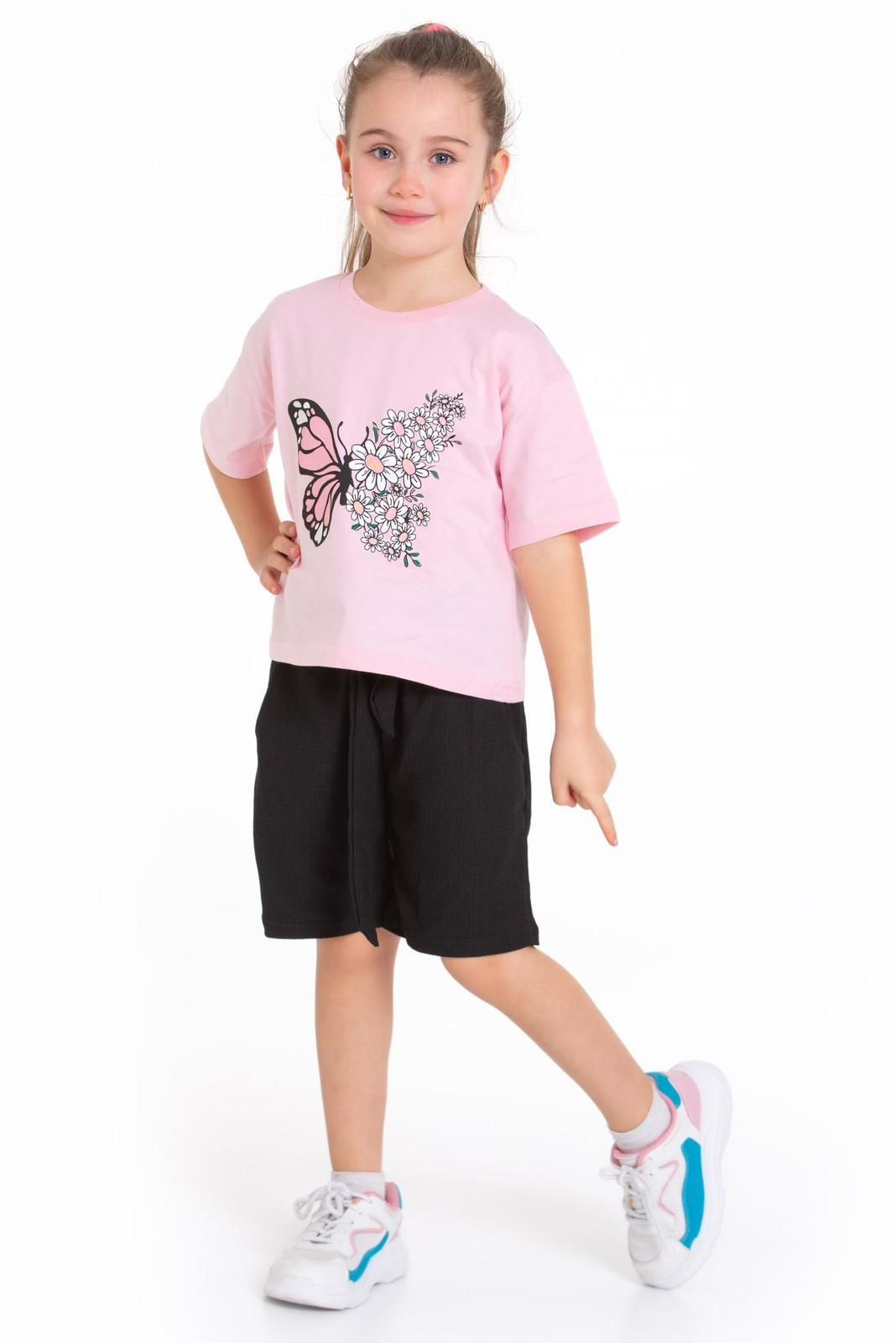 Pembe Kelebek Desenli Şortlu Takım