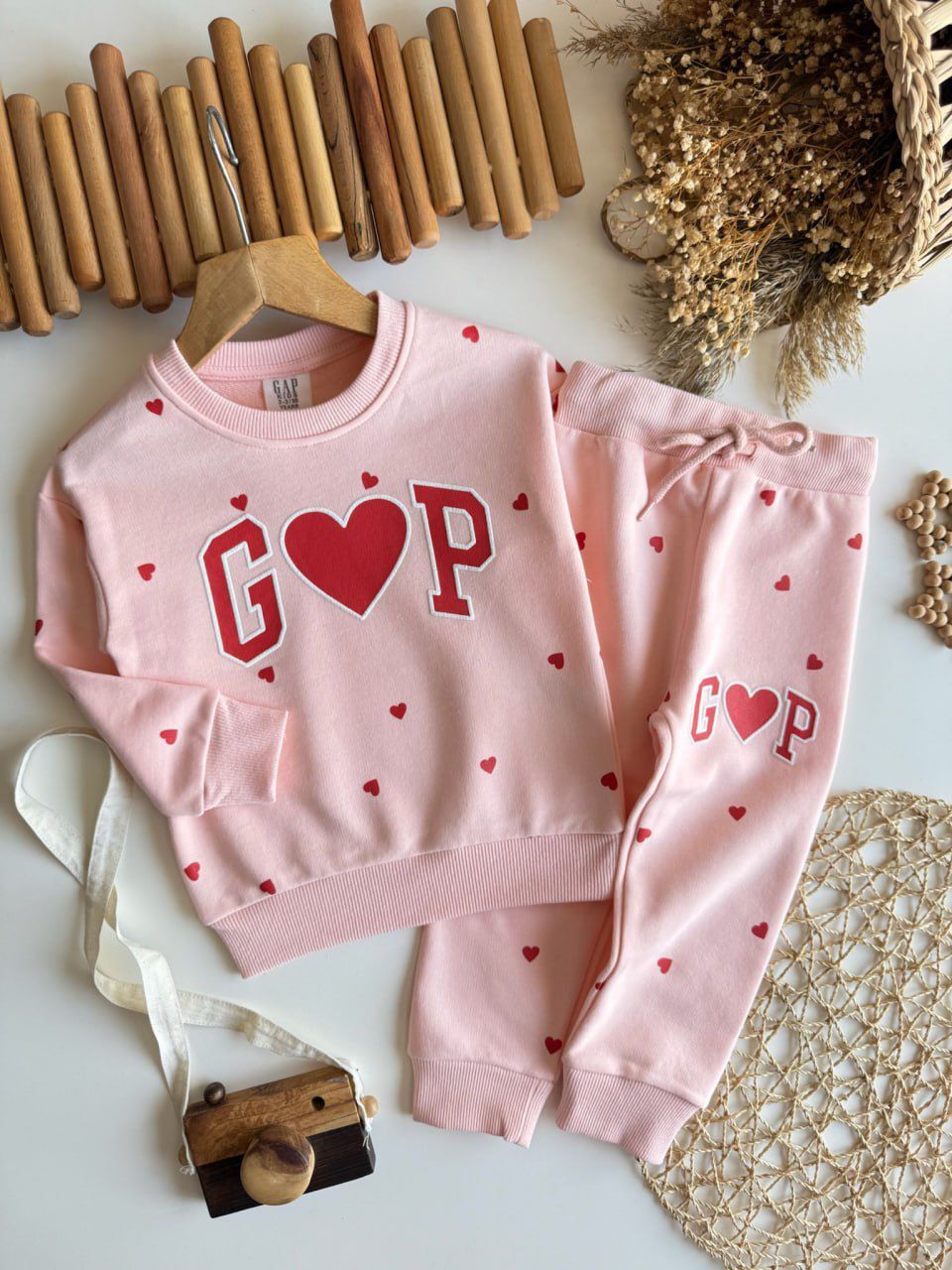 3 İplik Fırçalı Kumaş Kalpli Takım