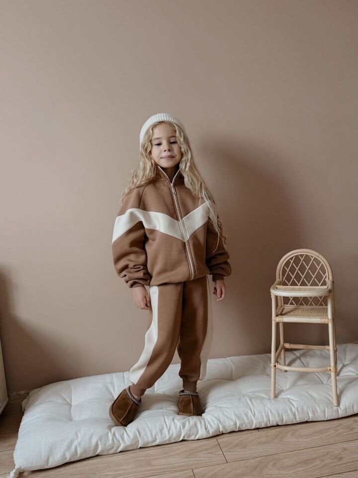 3 İplik Şardonlu Fermuarlı Kahverengi Takım(5-14)