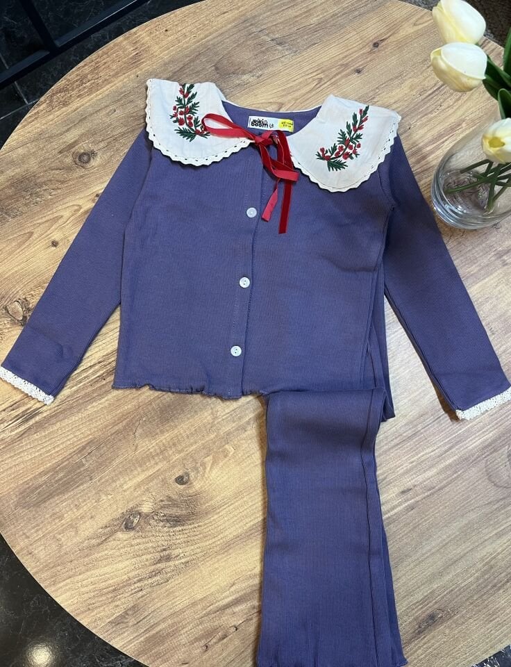 Bebe Yaka Fitilli Kumaş Taytlı Takım