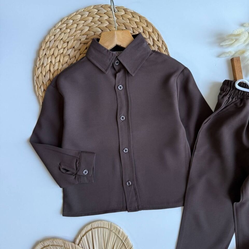 Dokuma kumaş kahve gömlekli takım