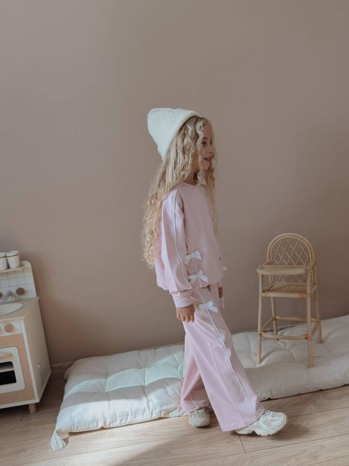 2 İp Kurdela Detaylı Açık Pembe Takım(5-14)