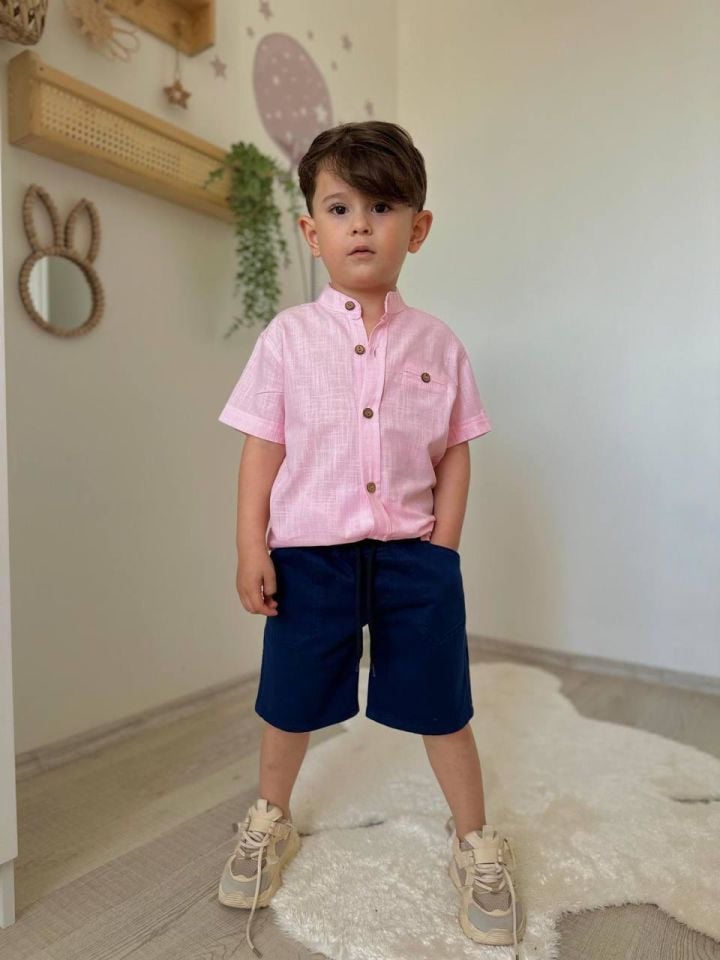 Pembe Keten Gömlekli Takım