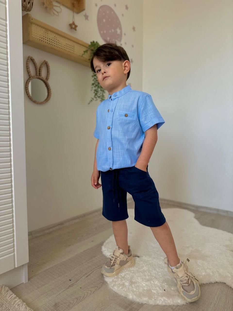 Açık Mavi Keten Gömlekli Takım