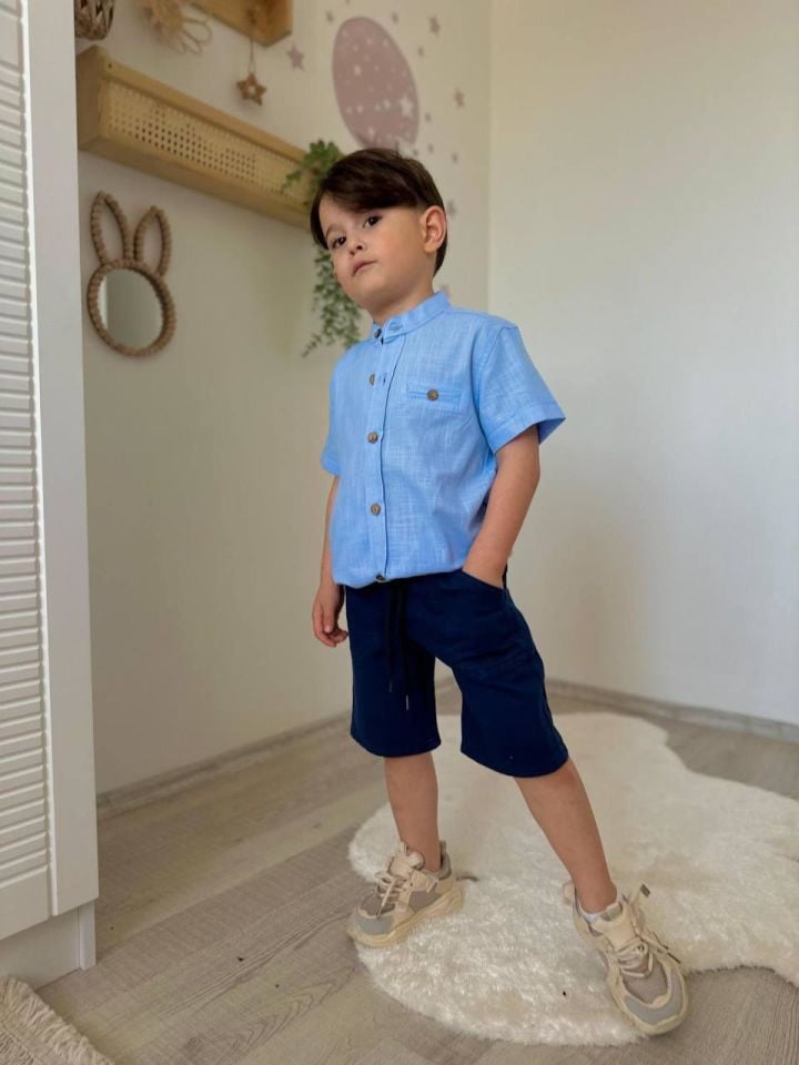 Açık Mavi Keten Gömlekli Takım