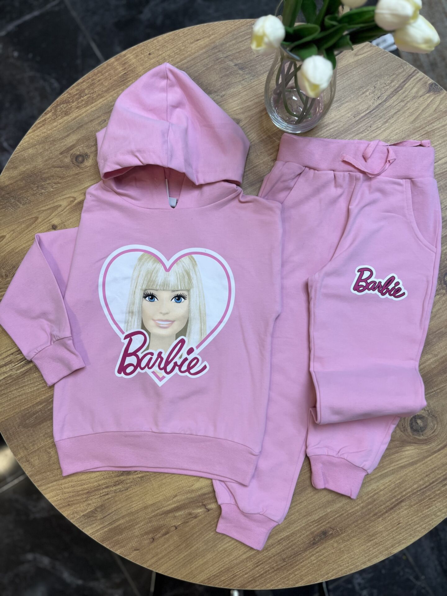 2 İplik Fırçalı Kumaş Kapüşonlu  Barbie Takım
