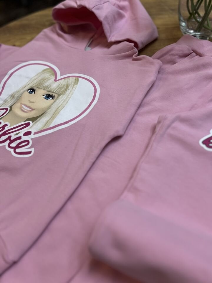 2 İplik Fırçalı Kumaş Kapüşonlu  Barbie Takım