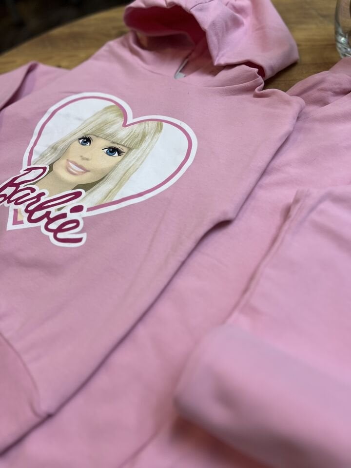 2 İplik Fırçalı Kumaş Kapüşonlu  Barbie Takım