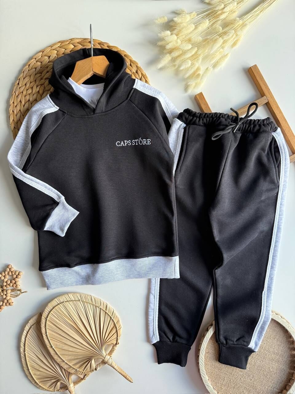 3 ip kapüşonlu Siyah Takım