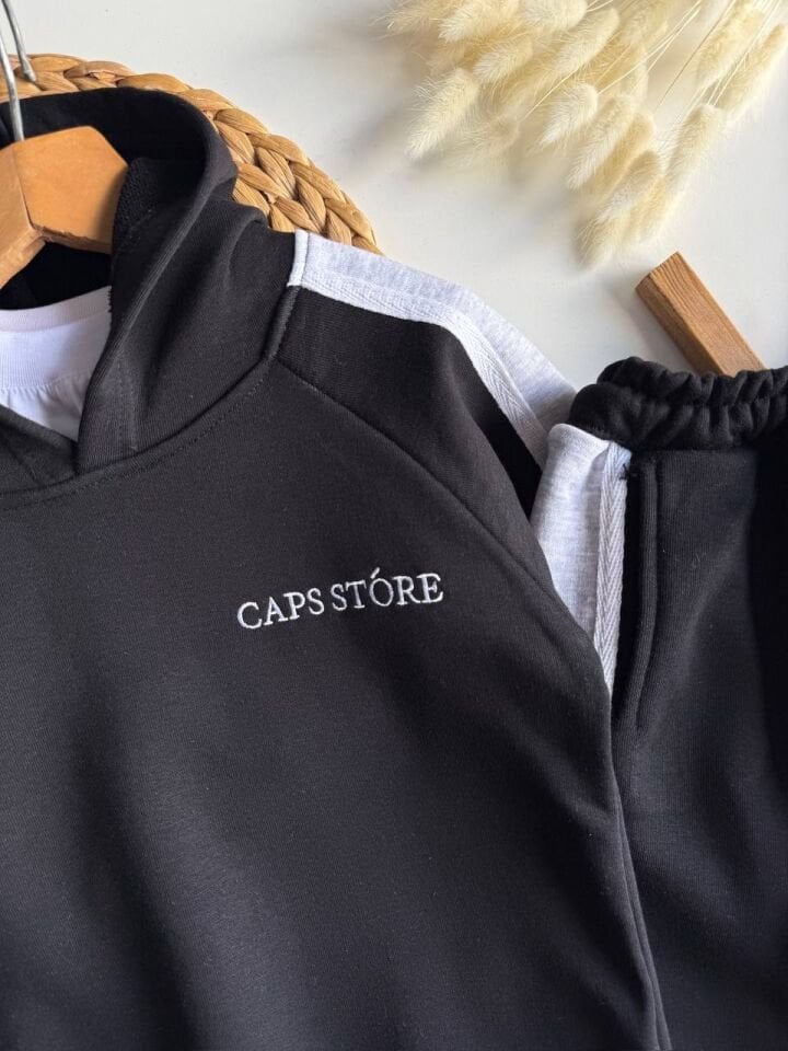 3 ip kapüşonlu Siyah Takım