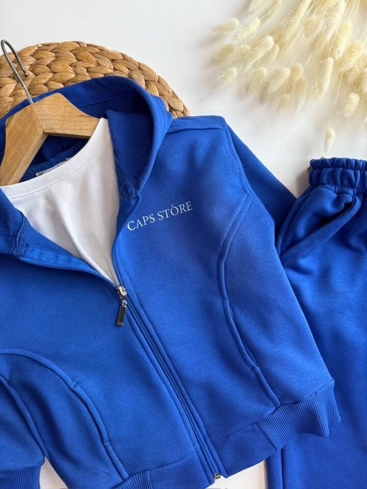 Fermuarlı kapüşonlu mavi takım