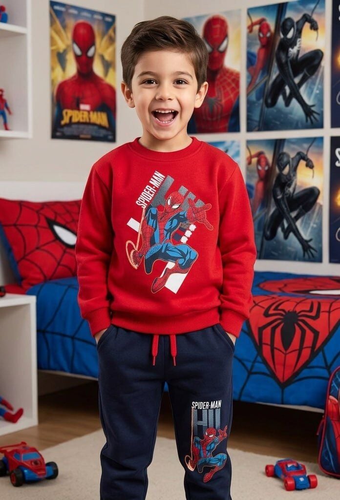 3 İplik Fırçalı Kumaş Spiderman Takım