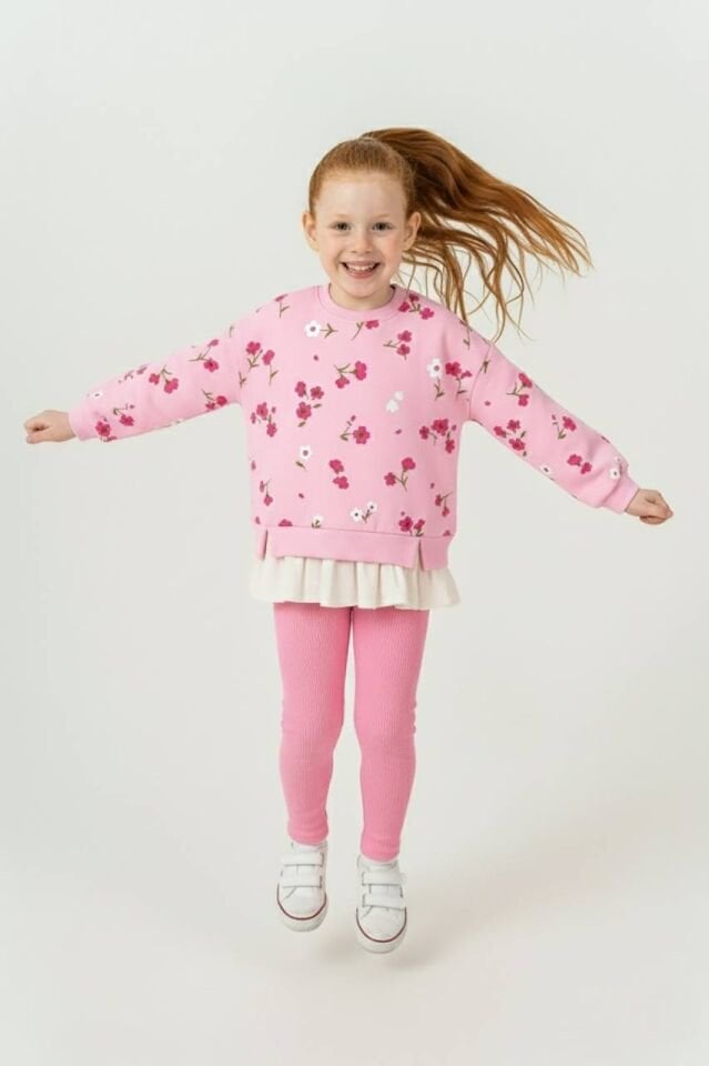 3 İplik Şardonlu Pembe Çiçekli Taytlı Takım