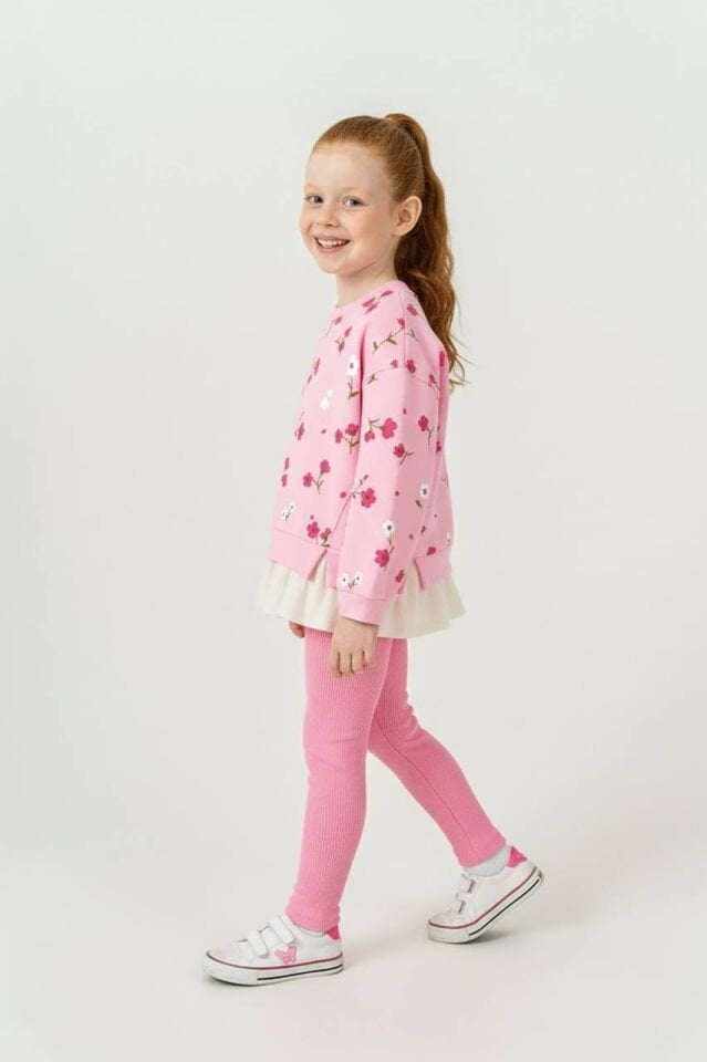 3 İplik Şardonlu Pembe Çiçekli Taytlı Takım