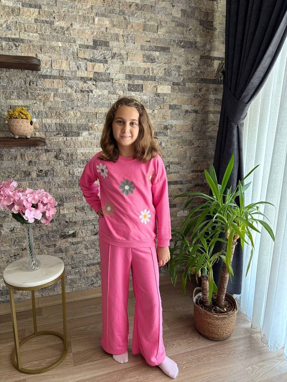 3 ip çiçekli pembe takım