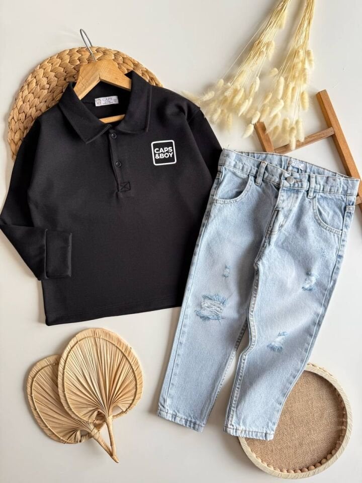 Polo Yaka Denım Takım(Siyah)