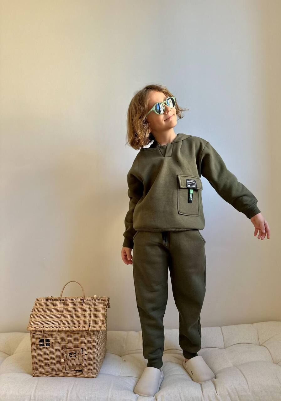 3 ip Şardonlu kapüşonlu haki takım