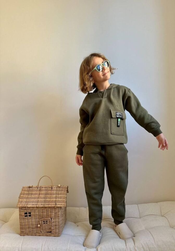 3 ip Şardonlu kapüşonlu haki takım