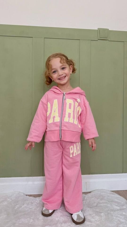 Kapüşonlu Paris pembe takım