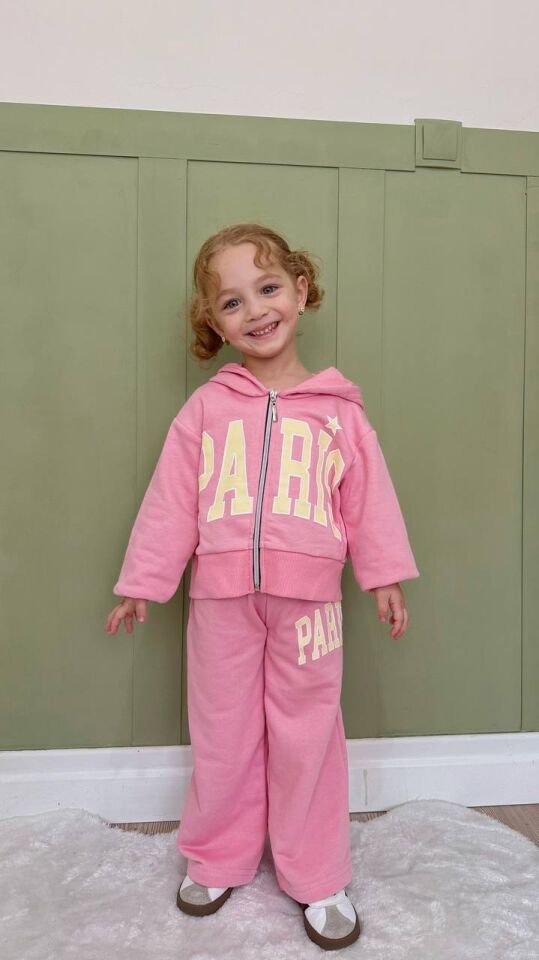 Kapüşonlu Paris pembe takım