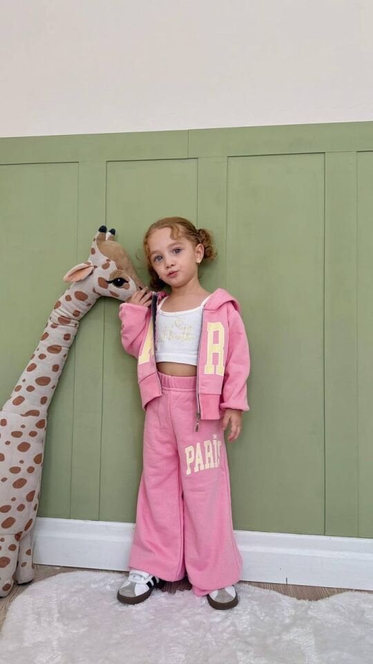 Kapüşonlu Paris pembe takım